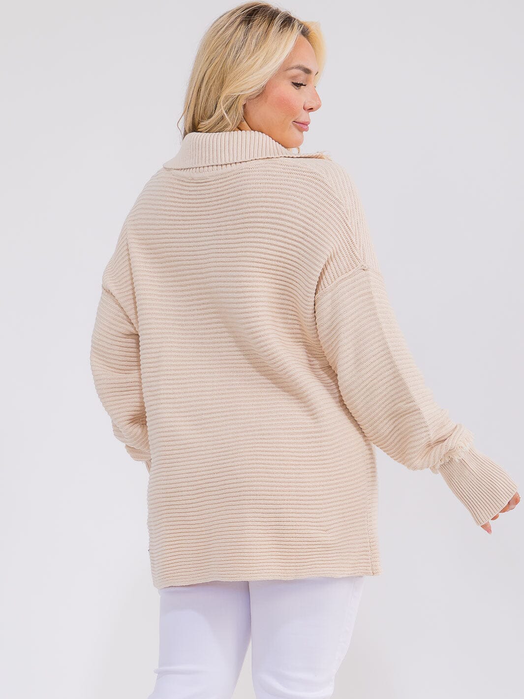 PLUS SIZE LONG SLEEVE V-NECK COLLAR TRIM DETAILED RIBBED PULLOVER SWEATER