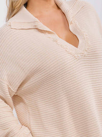 PLUS SIZE LONG SLEEVE V-NECK COLLAR TRIM DETAILED RIBBED PULLOVER SWEATER