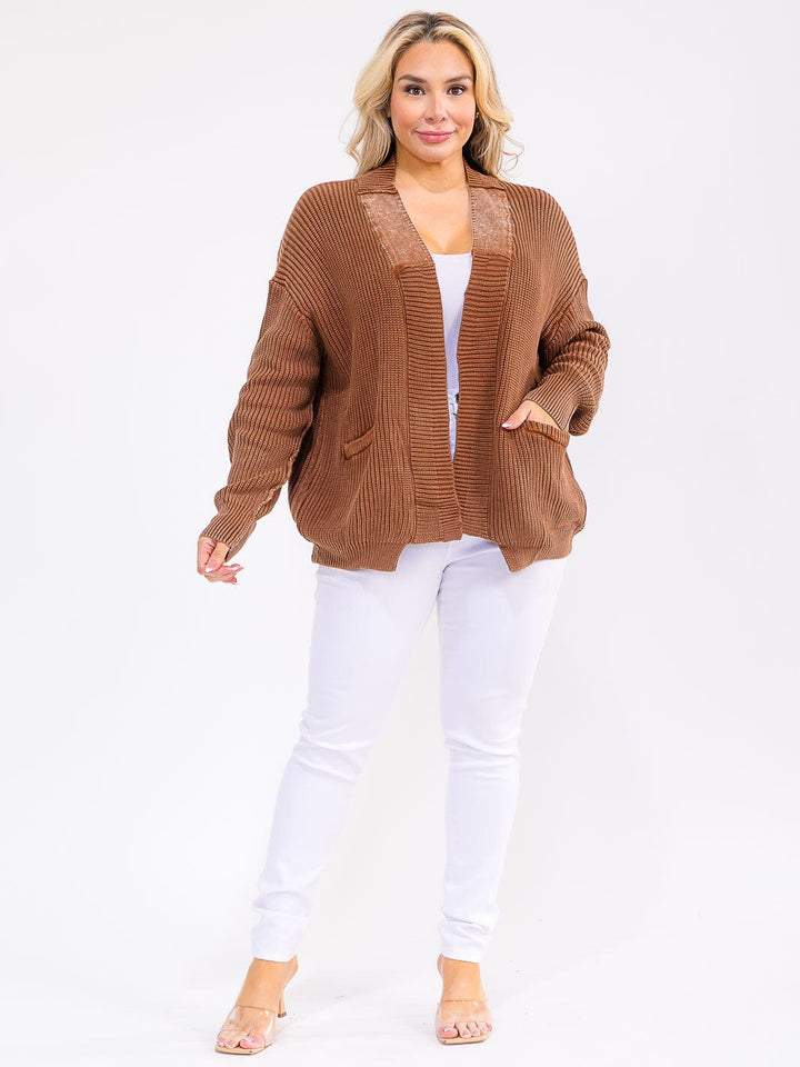 PLUS SIZE LONG SLEEVE OPEN FRONT POCKETS CONTRAST CARDIGAN