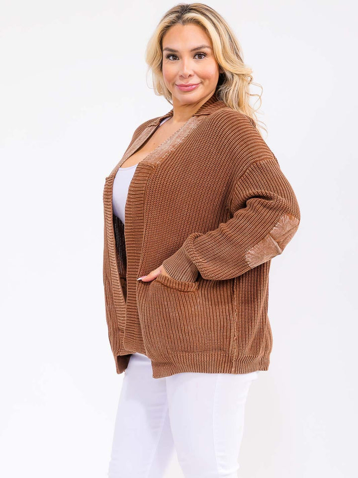 PLUS SIZE LONG SLEEVE OPEN FRONT POCKETS CONTRAST CARDIGAN