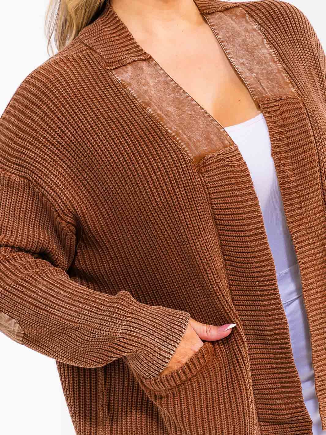 PLUS SIZE LONG SLEEVE OPEN FRONT POCKETS CONTRAST CARDIGAN