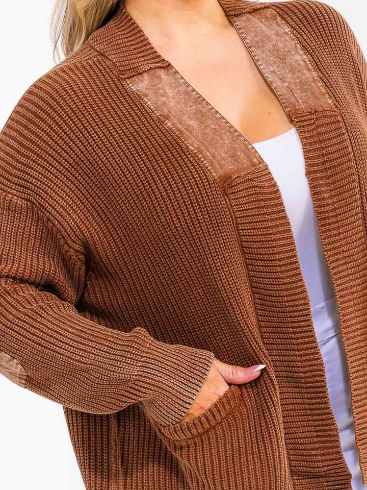 PLUS SIZE LONG SLEEVE OPEN FRONT POCKETS CONTRAST CARDIGAN