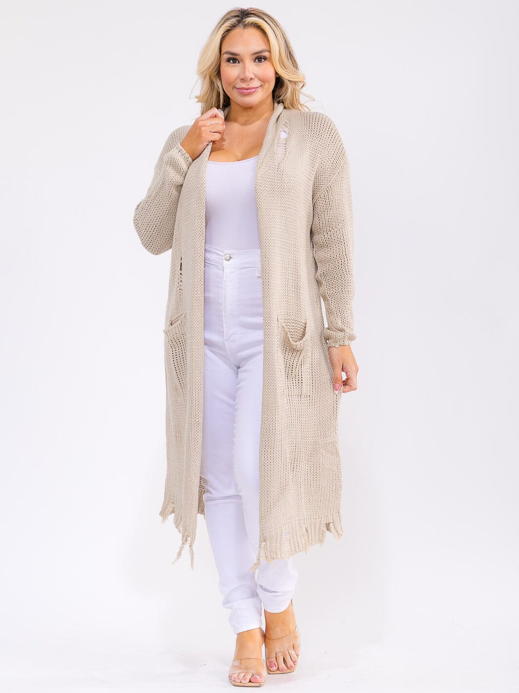 PLUS SIZE LONG SLEEVE OPEN FRONT POCKETS RAW EDGE KNIT CARDIGAN