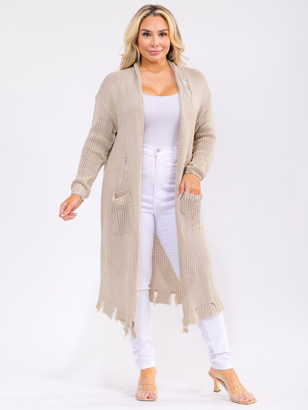 PLUS SIZE LONG SLEEVE OPEN FRONT POCKETS RAW EDGE KNIT CARDIGAN