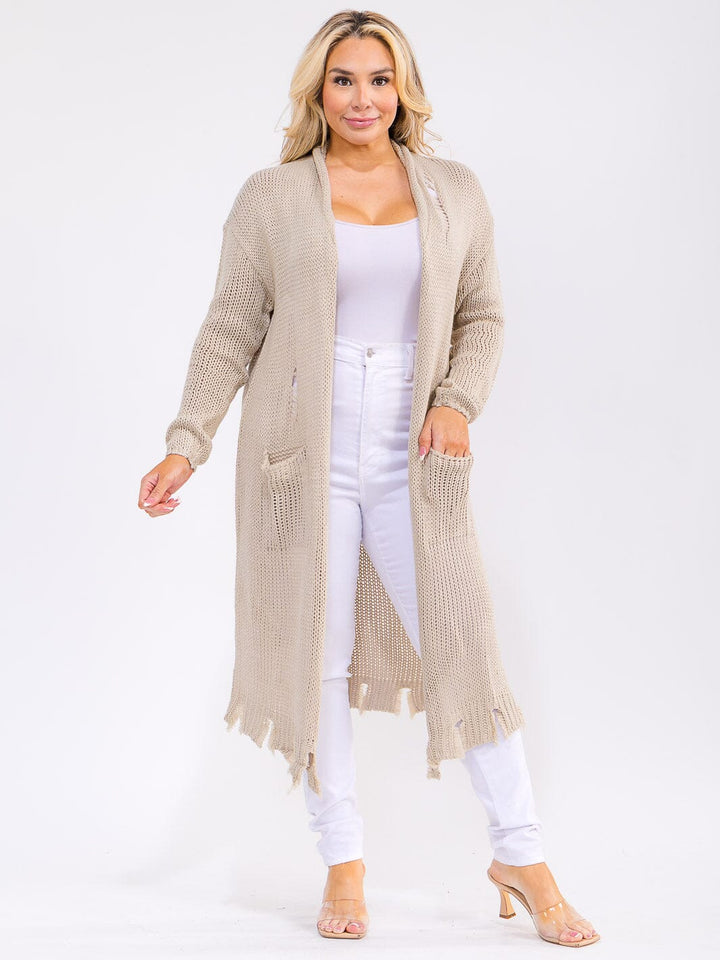 PLUS SIZE LONG SLEEVE OPEN FRONT POCKETS RAW EDGE KNIT CARDIGAN