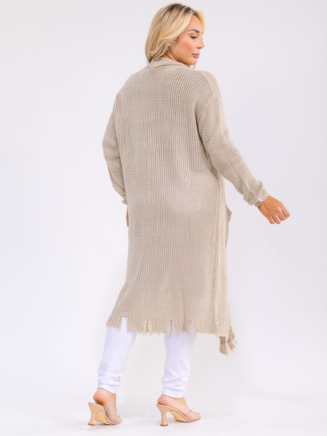 PLUS SIZE LONG SLEEVE OPEN FRONT POCKETS RAW EDGE KNIT CARDIGAN