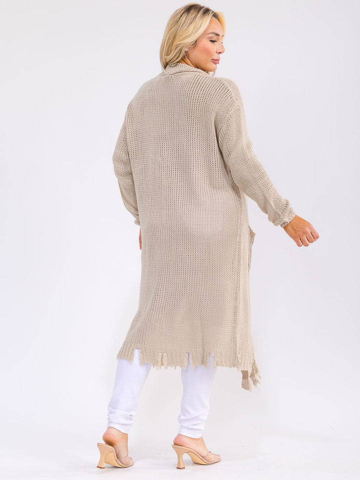 PLUS SIZE LONG SLEEVE OPEN FRONT POCKETS RAW EDGE KNIT CARDIGAN