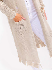 PLUS SIZE LONG SLEEVE OPEN FRONT POCKETS RAW EDGE KNIT CARDIGAN