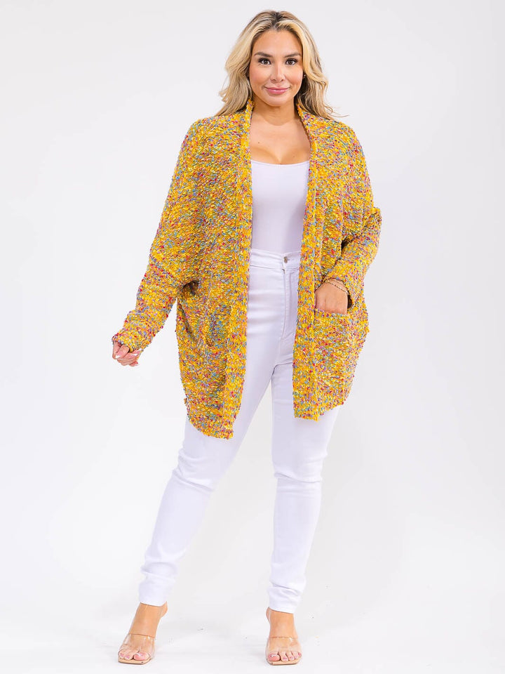 PLUS SIZE LONG SLEEVE OPEN FRONT POCKETS MULTI CARDIGAN