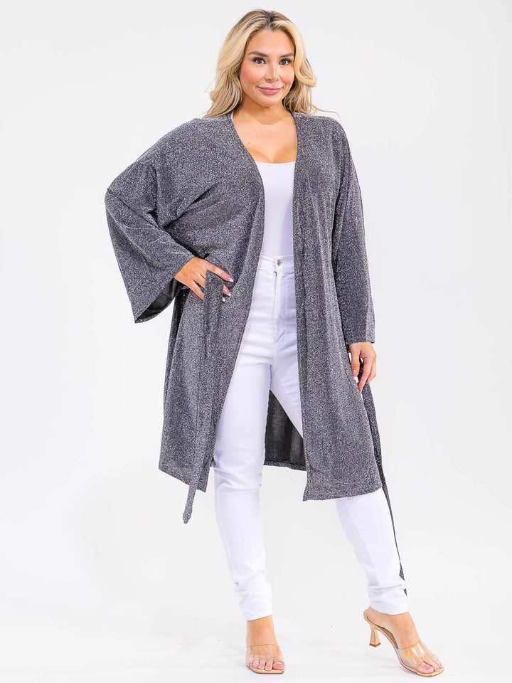 PLUS SIZE LONG SLEEVE OPEN FRONT SELF TIE SHIMMER CARDIGAN