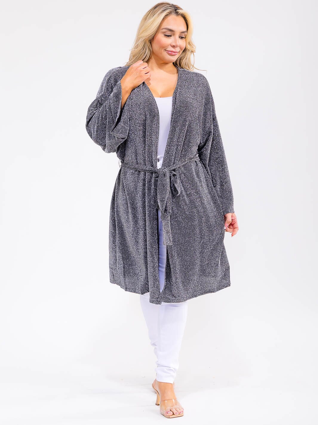 PLUS SIZE LONG SLEEVE OPEN FRONT SELF TIE SHIMMER CARDIGAN