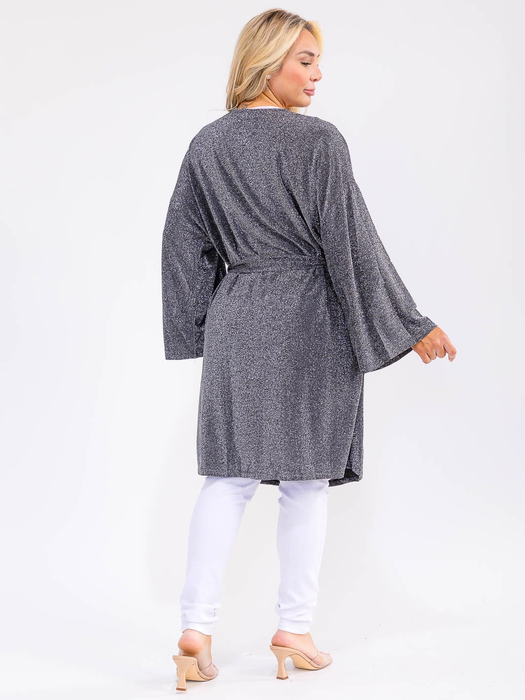 PLUS SIZE LONG SLEEVE OPEN FRONT SELF TIE SHIMMER CARDIGAN