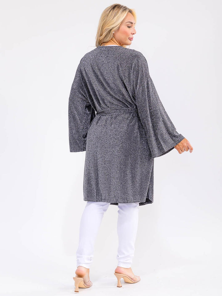 PLUS SIZE LONG SLEEVE OPEN FRONT SELF TIE SHIMMER CARDIGAN