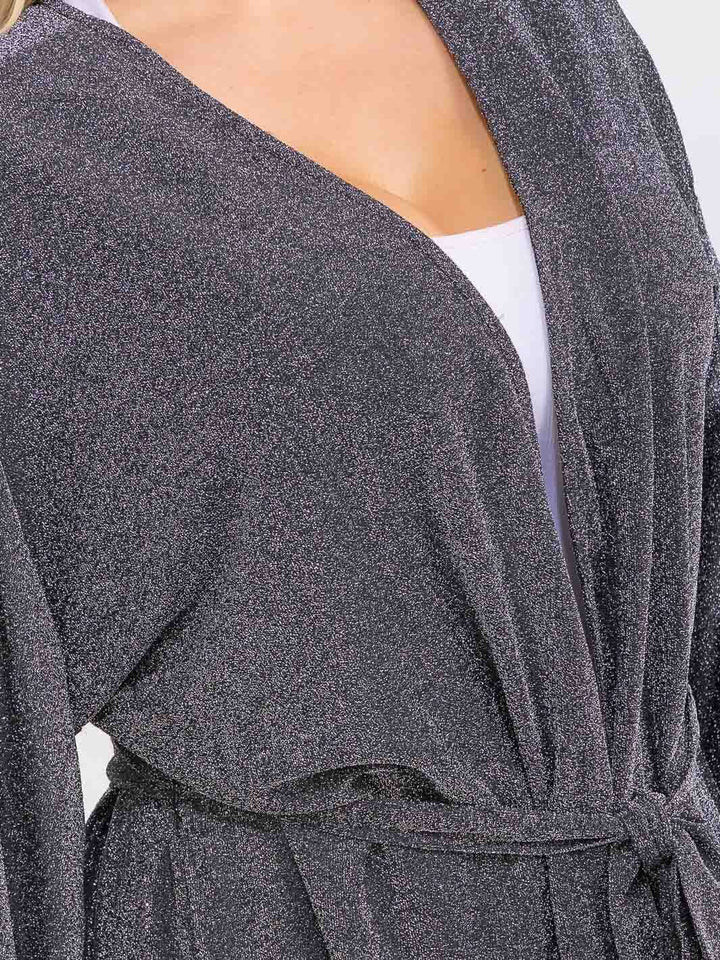 PLUS SIZE LONG SLEEVE OPEN FRONT SELF TIE SHIMMER CARDIGAN