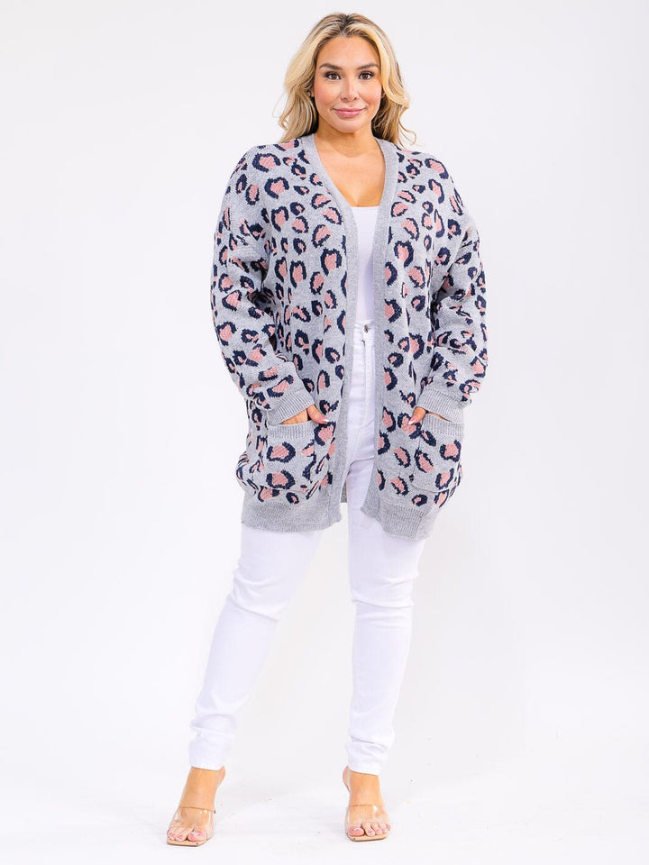 PLUS SIZE LONG SLEEVE OPEN FRONT POCKETS ANIMAL PRINT CARDIGAN