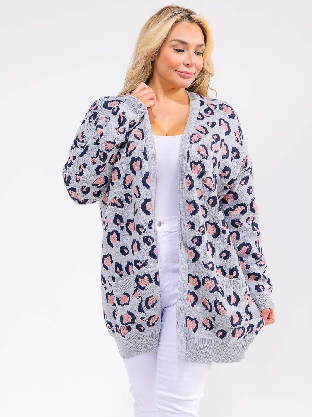 PLUS SIZE LONG SLEEVE OPEN FRONT POCKETS ANIMAL PRINT CARDIGAN