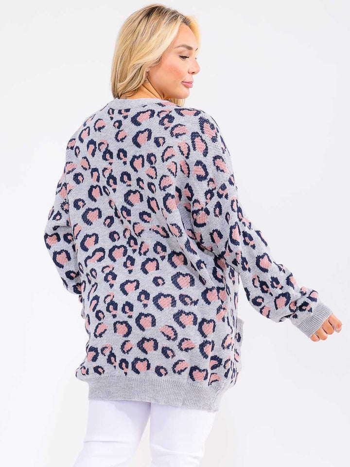 PLUS SIZE LONG SLEEVE OPEN FRONT POCKETS ANIMAL PRINT CARDIGAN