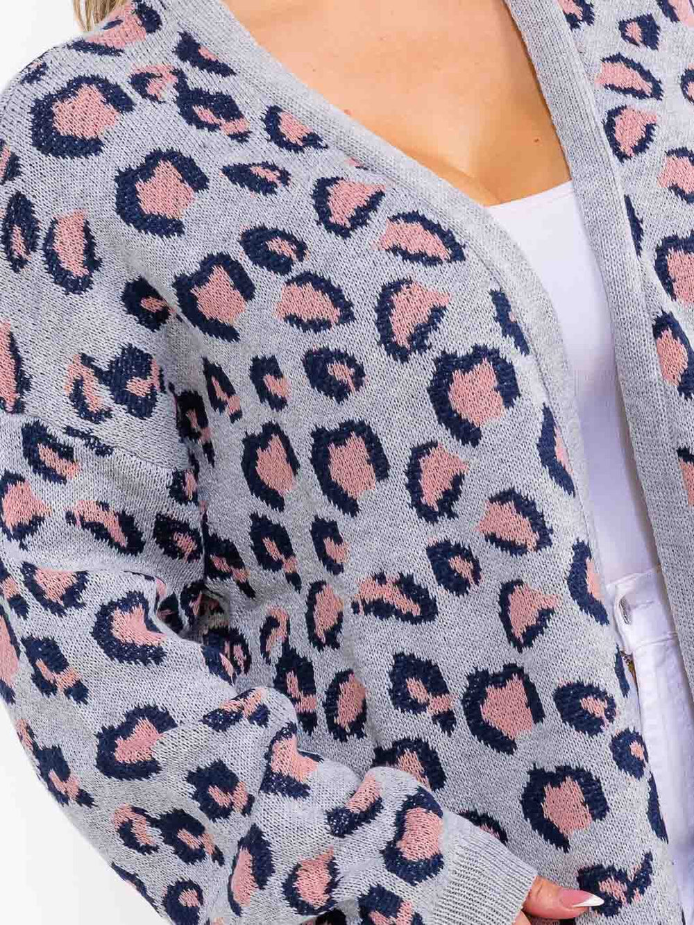 PLUS SIZE LONG SLEEVE OPEN FRONT POCKETS ANIMAL PRINT CARDIGAN