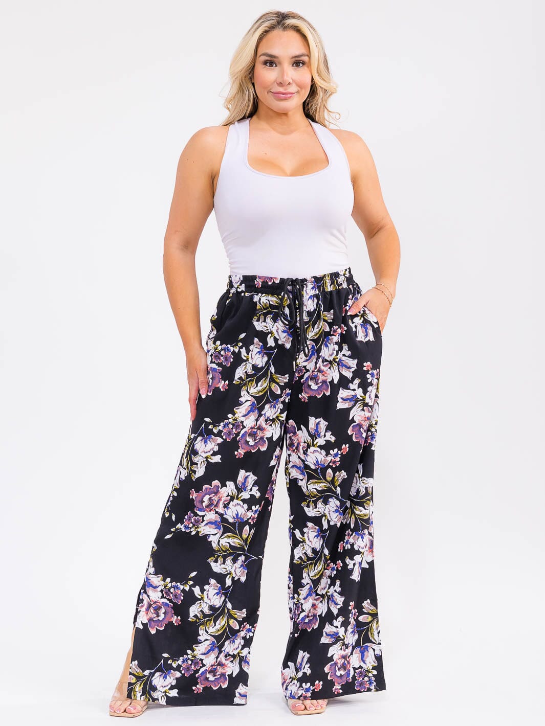 PLUS SIZE ELASTIC WAIST SELF TIE FRONT POCKETS FLORAL WIDE LEG PALAZZO PANTS