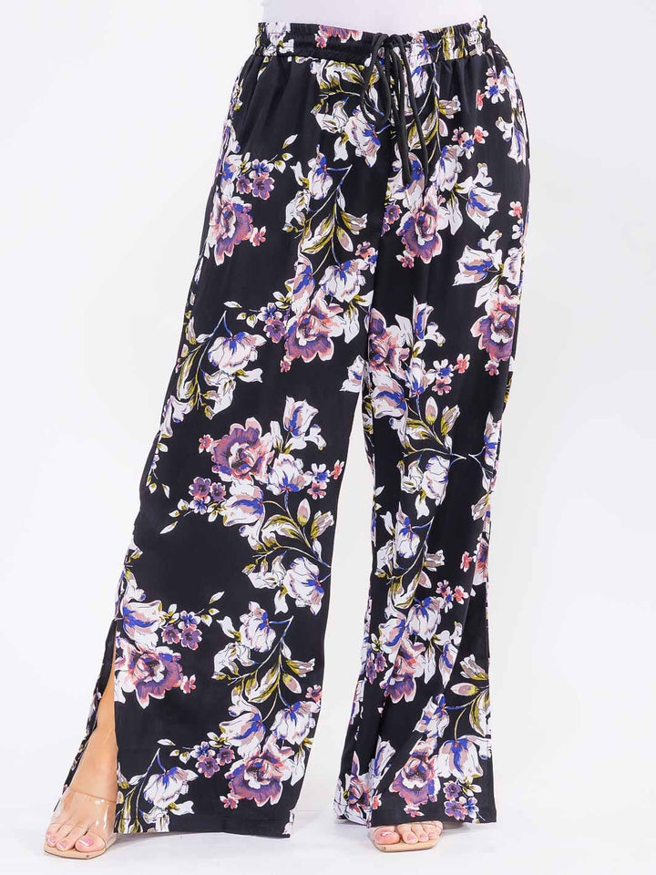 PLUS SIZE ELASTIC WAIST SELF TIE FRONT POCKETS FLORAL WIDE LEG PALAZZO PANTS