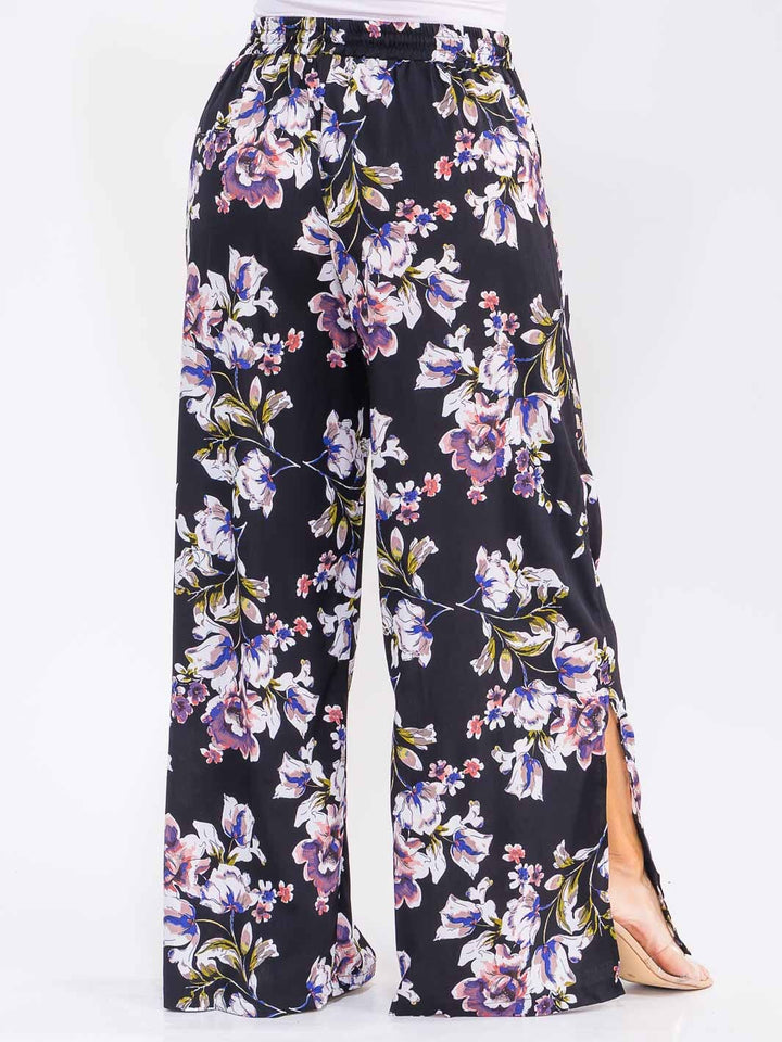 PLUS SIZE ELASTIC WAIST SELF TIE FRONT POCKETS FLORAL WIDE LEG PALAZZO PANTS