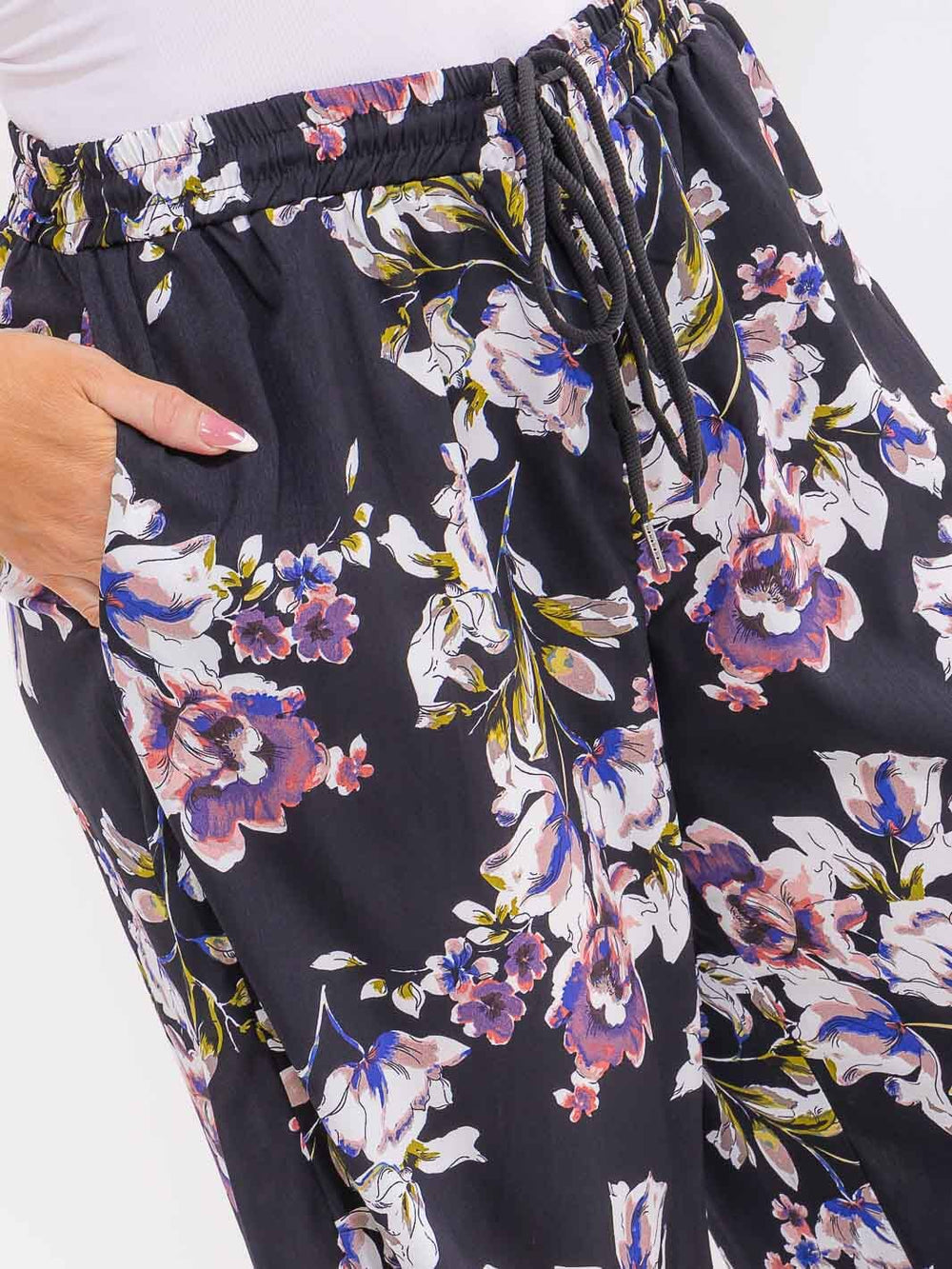 PLUS SIZE ELASTIC WAIST SELF TIE FRONT POCKETS FLORAL WIDE LEG PALAZZO PANTS