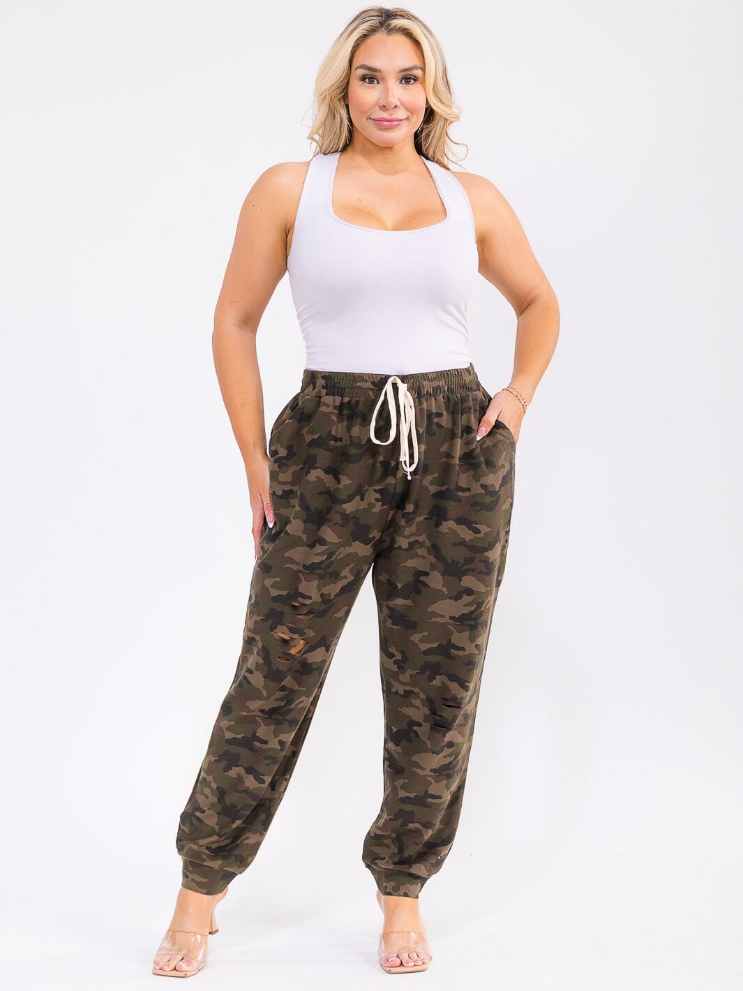 PLUS SIZE ELASTIC WAIST FRONT POCKETS SELF TIE CAMO PRINT JOGGER PANTS