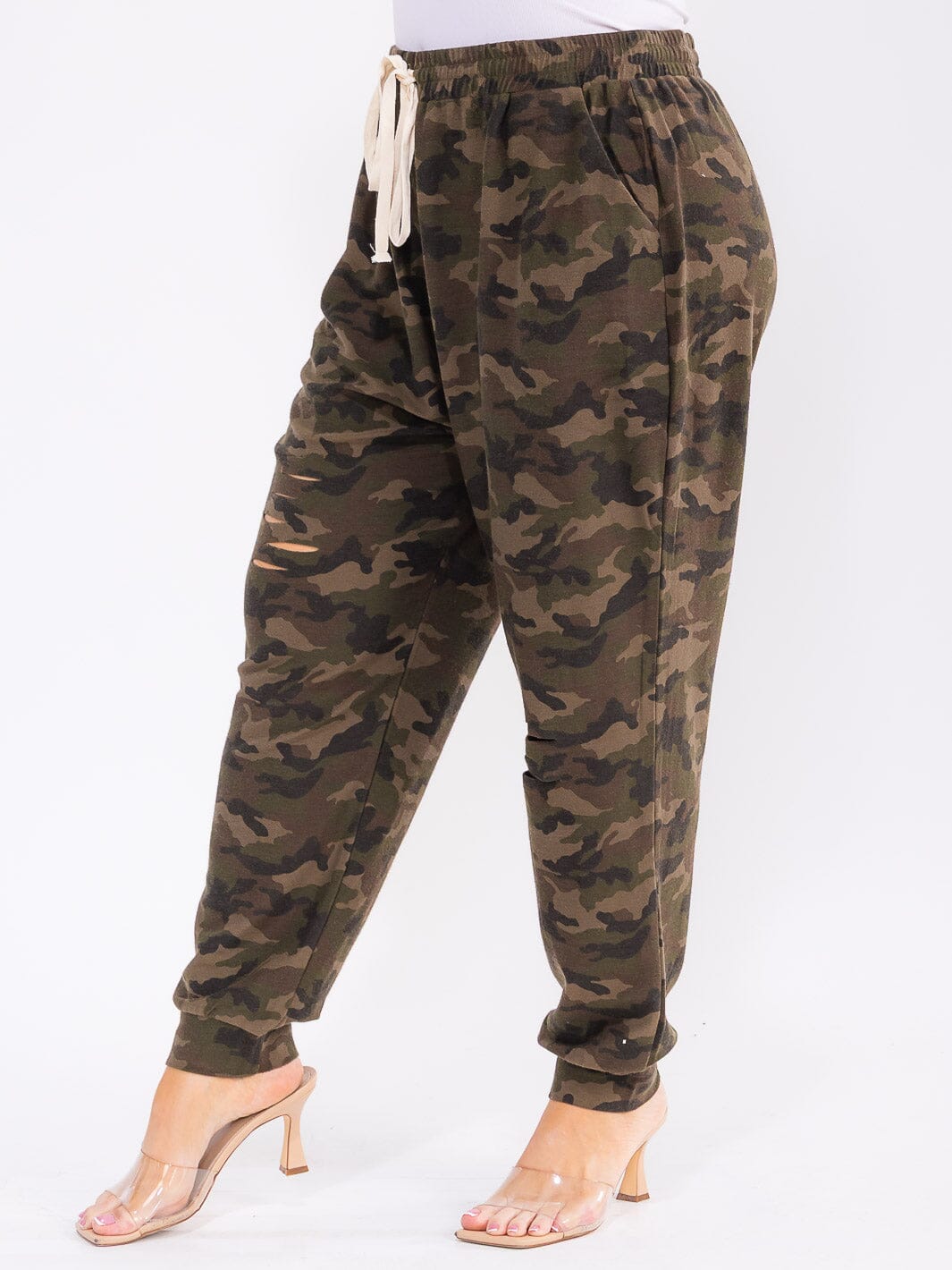 PLUS SIZE ELASTIC WAIST FRONT POCKETS SELF TIE CAMO PRINT JOGGER PANTS
