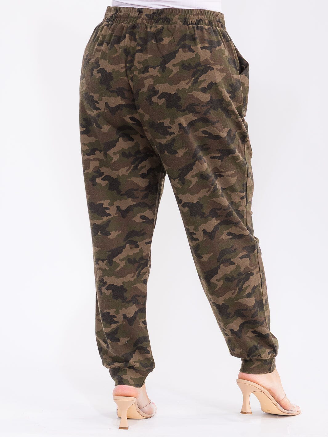PLUS SIZE ELASTIC WAIST FRONT POCKETS SELF TIE CAMO PRINT JOGGER PANTS