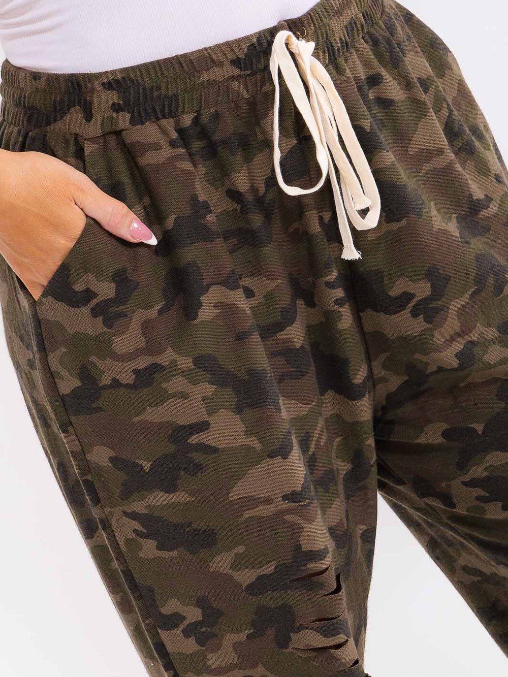 PLUS SIZE ELASTIC WAIST FRONT POCKETS SELF TIE CAMO PRINT JOGGER PANTS