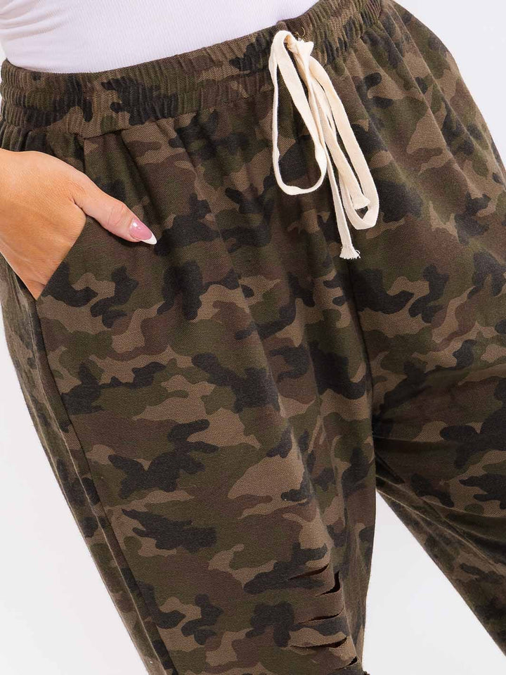 PLUS SIZE ELASTIC WAIST FRONT POCKETS SELF TIE CAMO PRINT JOGGER PANTS
