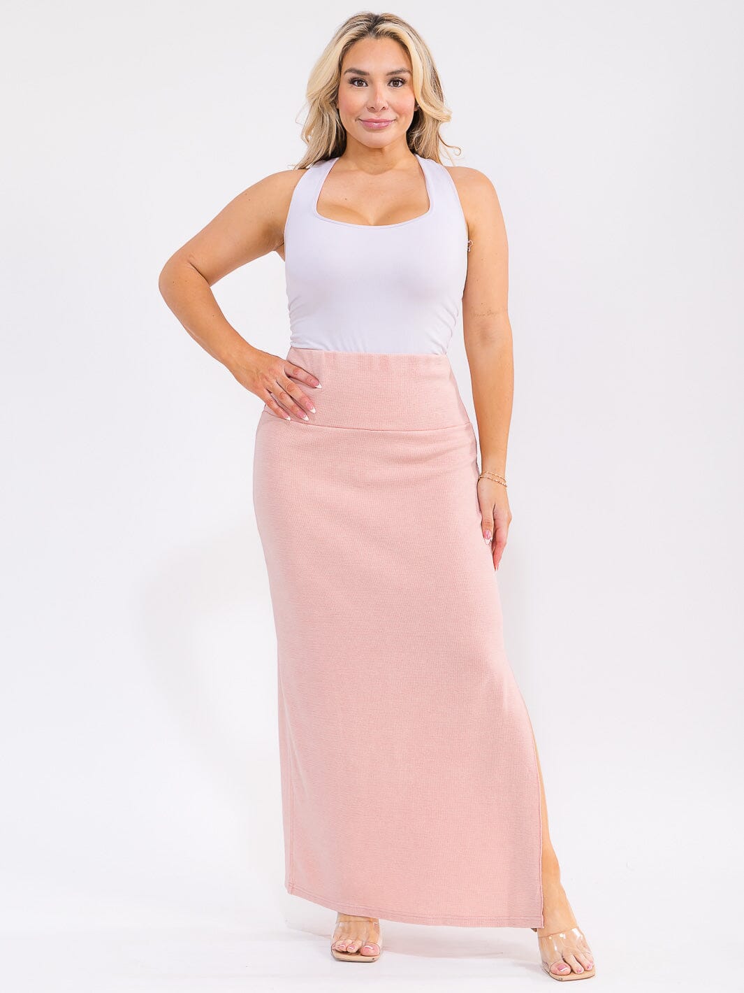 PLUS SIZE ELASTIC WAIST SIDE SLIT DETAILED MAXI SKIRT