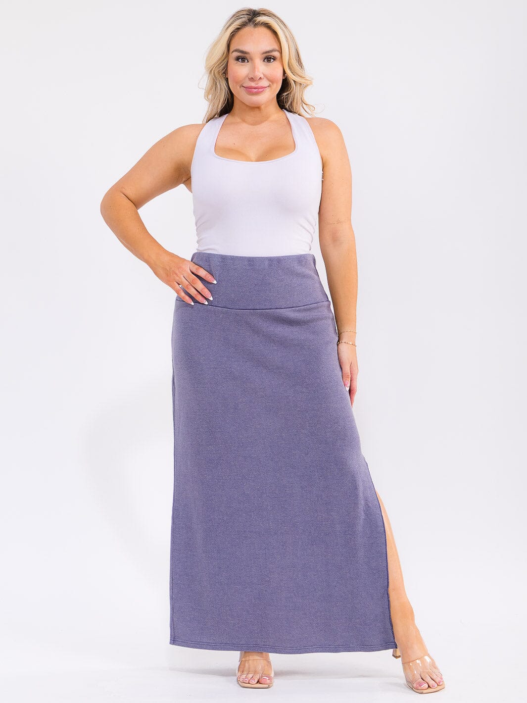 PLUS SIZE ELASTIC WAIST SIDE SLIT DETAILED MAXI SKIRT