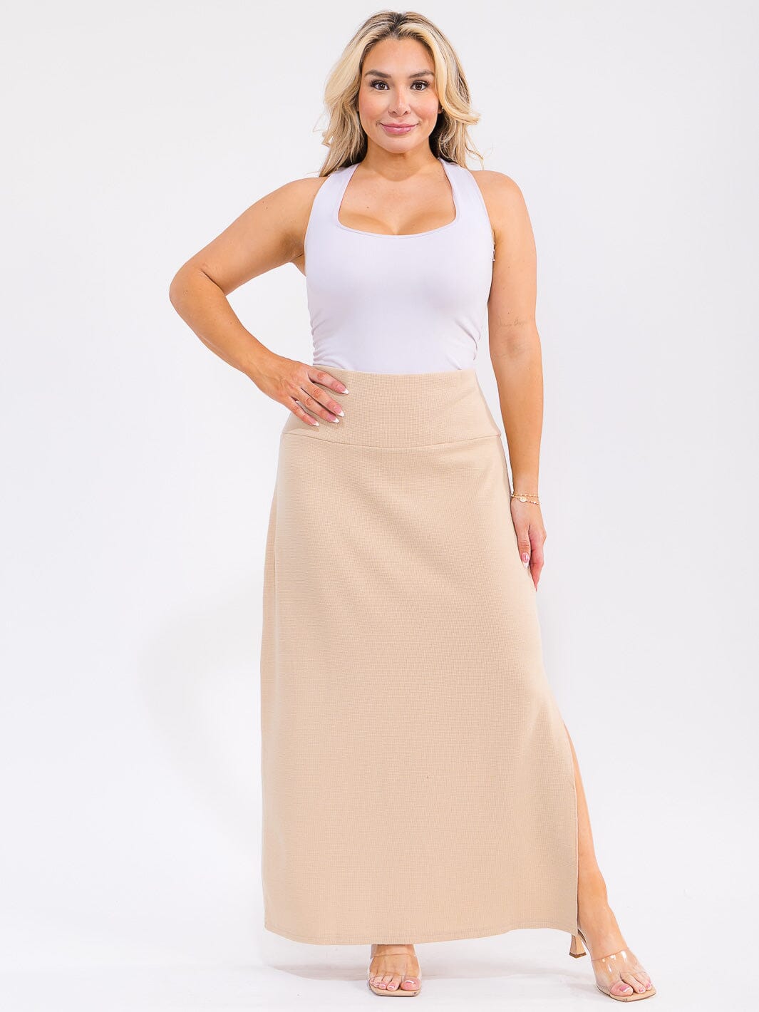PLUS SIZE ELASTIC WAIST SIDE SLIT DETAILED MAXI SKIRT