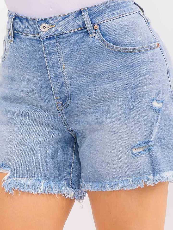 PLUS SIZE BUTTON CLOSURE POCKETS WASHED DISTRESS STRETCH DENIM SHORTS
