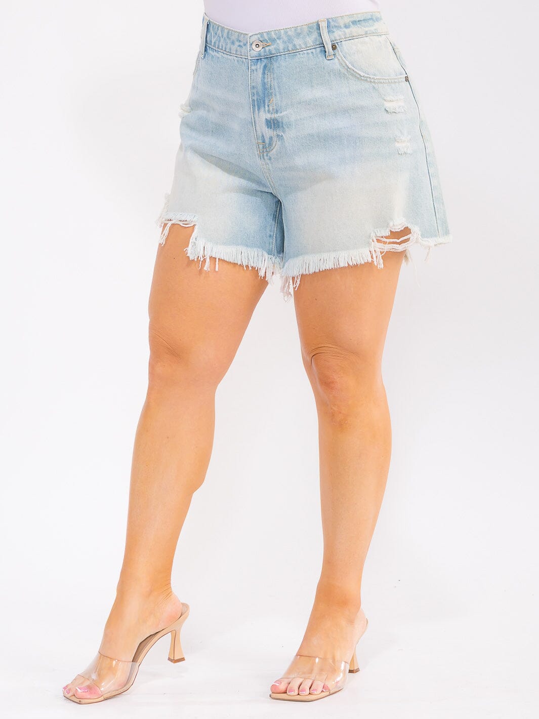 PLUS SIZE BUTTON CLOSURE POCKETS WASHED DISTRESS DENIM SHORTS