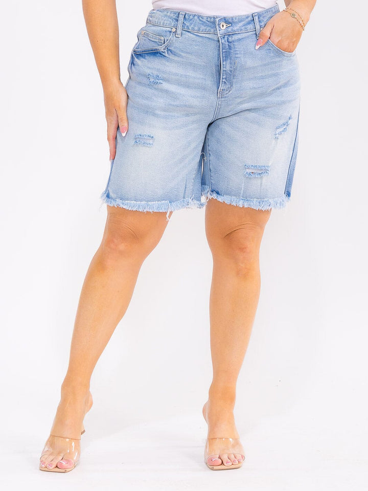 PLUS SIZE BUTTON CLOSURE POCKETS WASHED DISTRESS STRETCH DENIM SHORTS