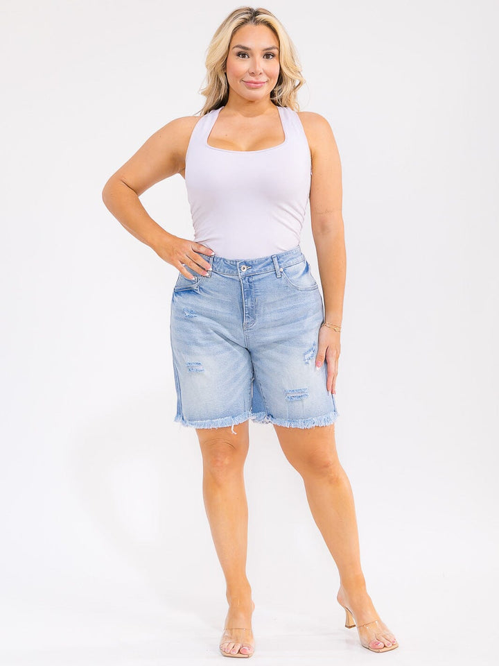PLUS SIZE BUTTON CLOSURE POCKETS WASHED DISTRESS STRETCH DENIM SHORTS