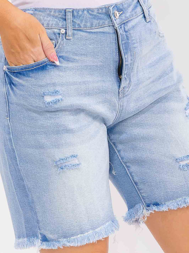 PLUS SIZE BUTTON CLOSURE POCKETS WASHED DISTRESS STRETCH DENIM SHORTS