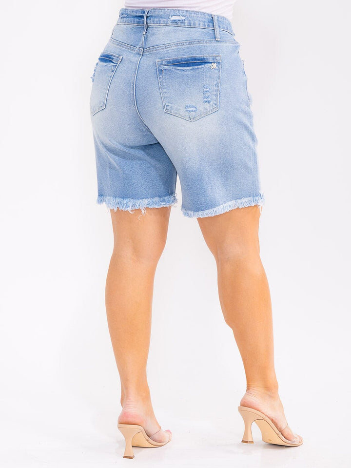 PLUS SIZE BUTTON CLOSURE POCKETS WASHED DISTRESS STRETCH DENIM SHORTS