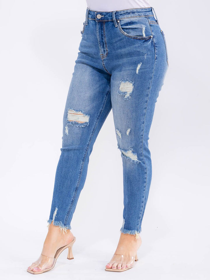 PLUS SIZE BUTTON CLOSURE POCKETS WASHED DENIM SKINNY DISTRESS STRETCH PANTS