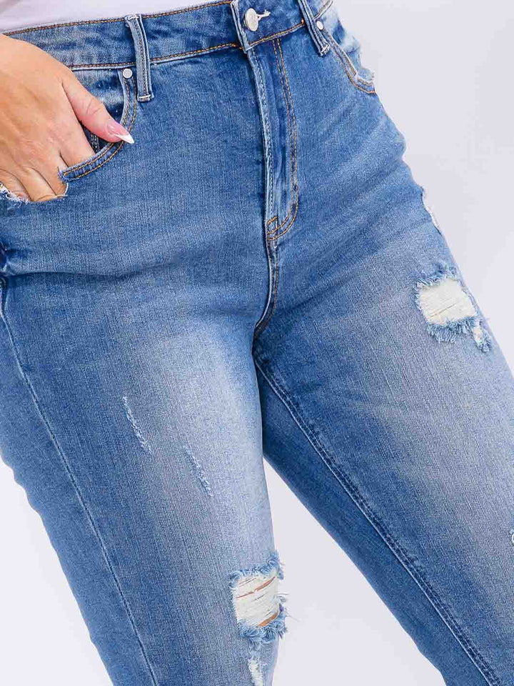 PLUS SIZE BUTTON CLOSURE POCKETS WASHED DENIM SKINNY DISTRESS STRETCH PANTS