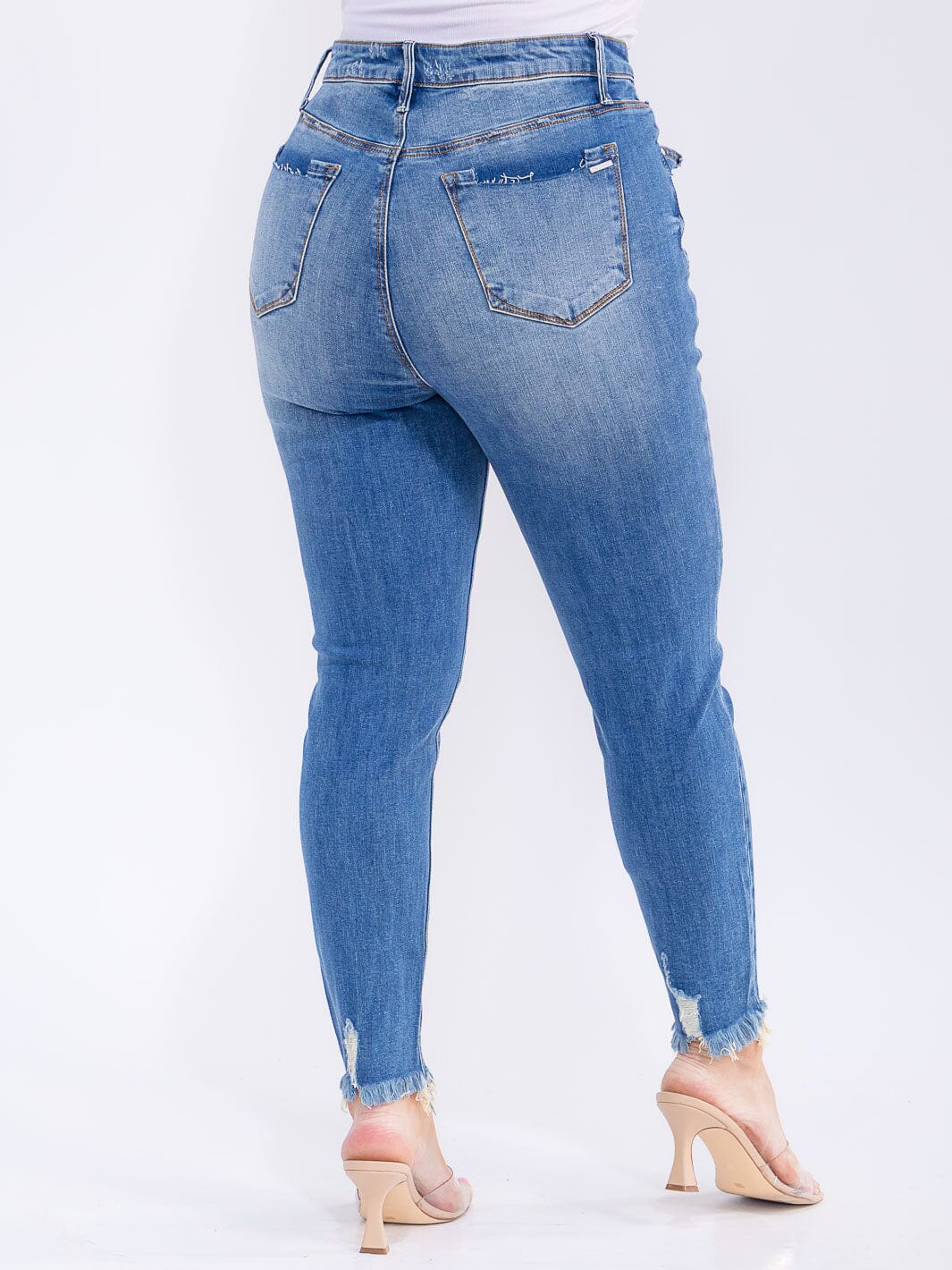PLUS SIZE BUTTON CLOSURE POCKETS WASHED DENIM SKINNY DISTRESS STRETCH PANTS
