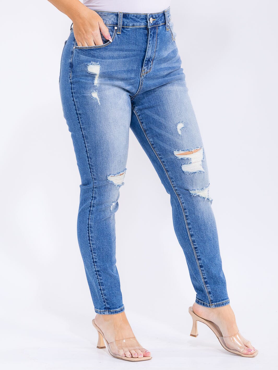 PLUS SIZE BUTTON CLOSURE POCKETS WASHED DENIM SKINNY DISTRESS STRETCH PANTS