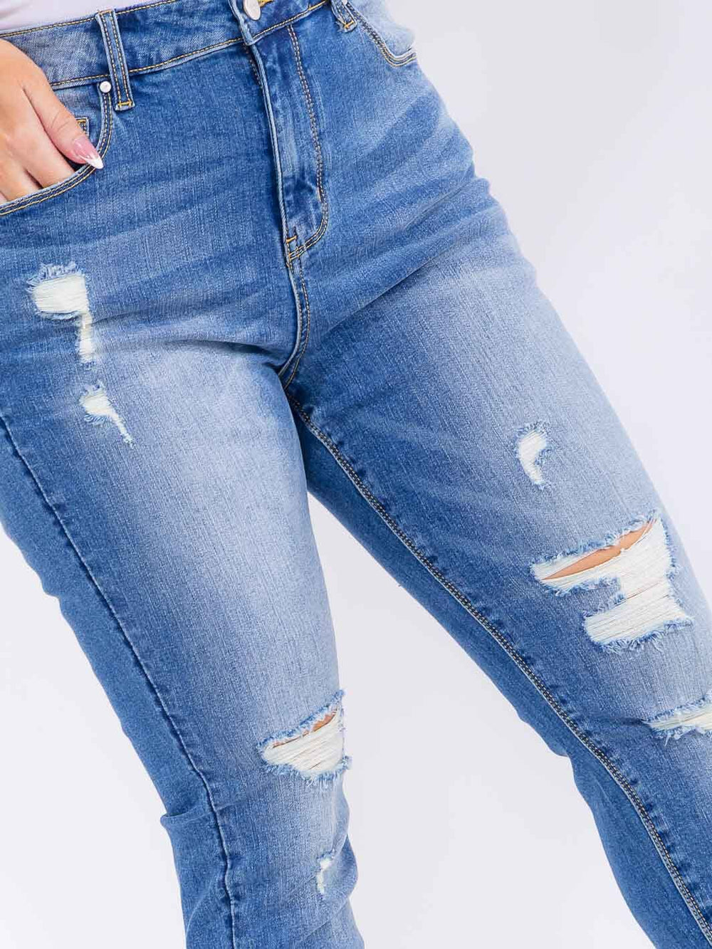 PLUS SIZE BUTTON CLOSURE POCKETS WASHED DENIM SKINNY DISTRESS STRETCH PANTS