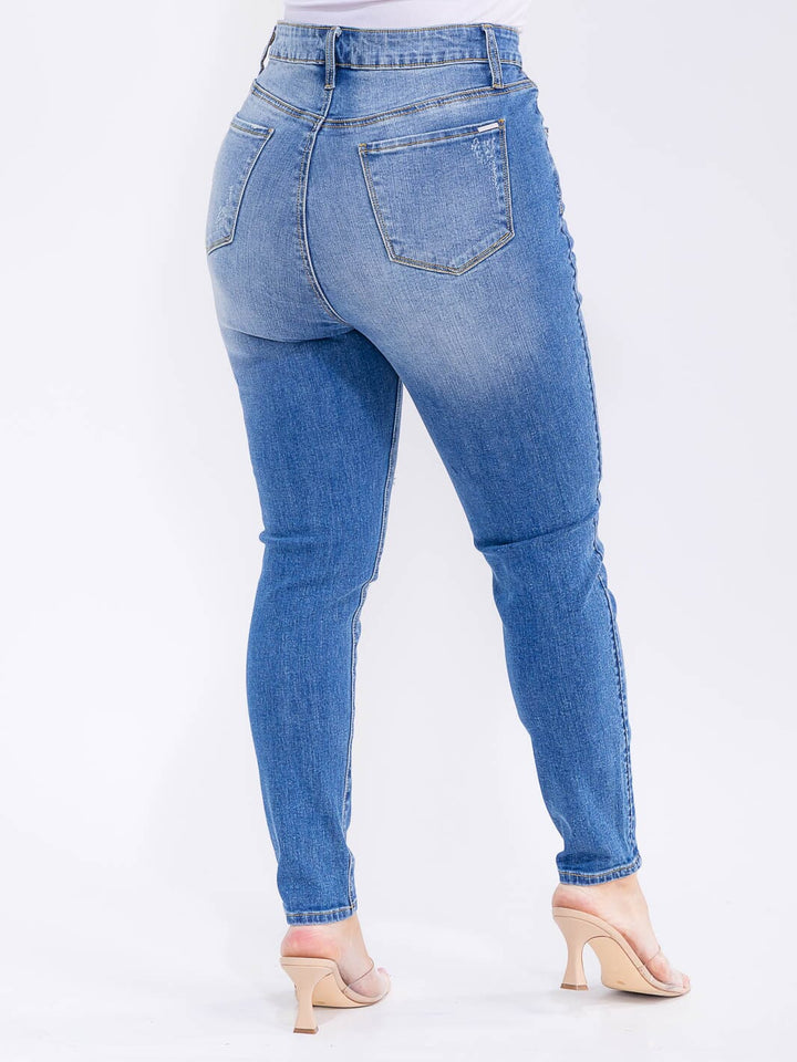 PLUS SIZE BUTTON CLOSURE POCKETS WASHED DENIM SKINNY DISTRESS STRETCH PANTS