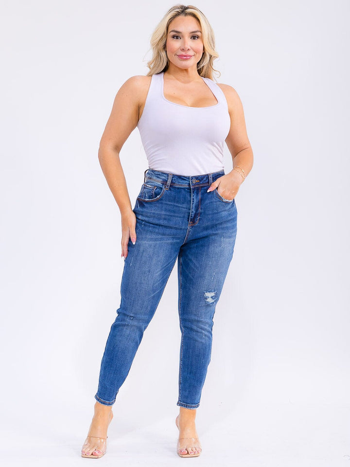 PLUS SIZE BUTTON CLOSURE POCKETS WASHED DENIM SKINNY DISTRESS STRETCH PANTS