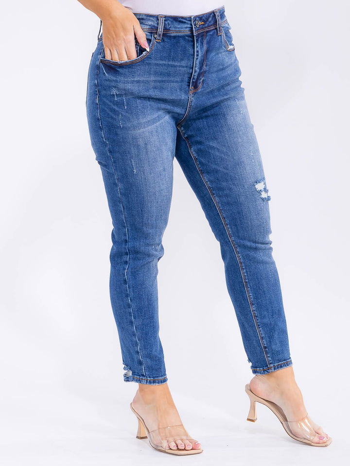 PLUS SIZE BUTTON CLOSURE POCKETS WASHED DENIM SKINNY DISTRESS STRETCH PANTS