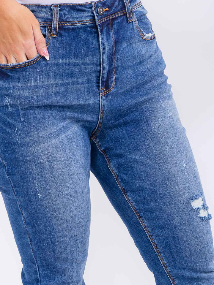 PLUS SIZE BUTTON CLOSURE POCKETS WASHED DENIM SKINNY DISTRESS STRETCH PANTS