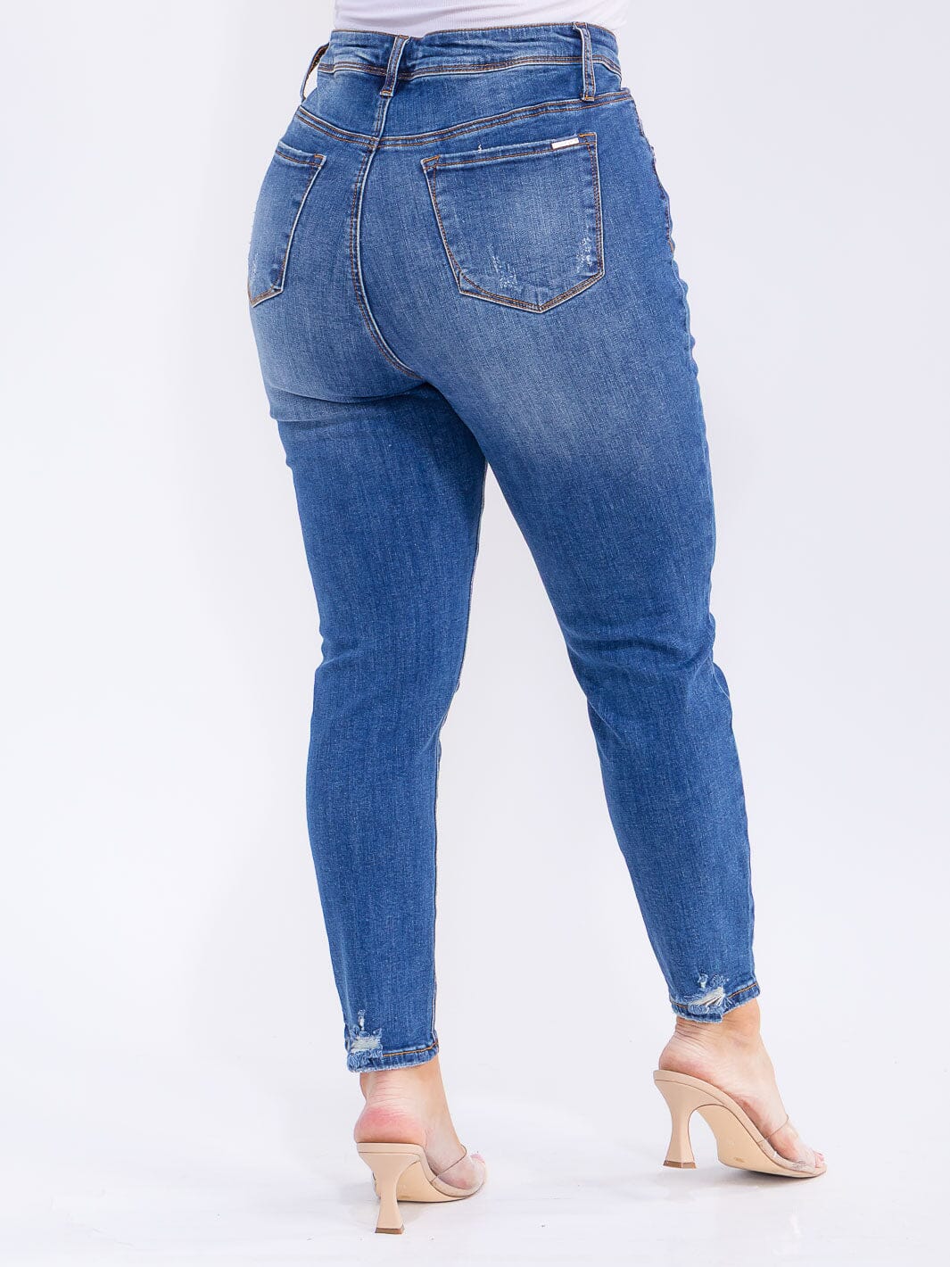 PLUS SIZE BUTTON CLOSURE POCKETS WASHED DENIM SKINNY DISTRESS STRETCH PANTS